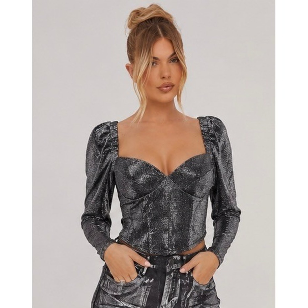 Gianni Bini Andie Metallic Silver Black Corset Crop Top Long Sleeve‎ 8 NWT